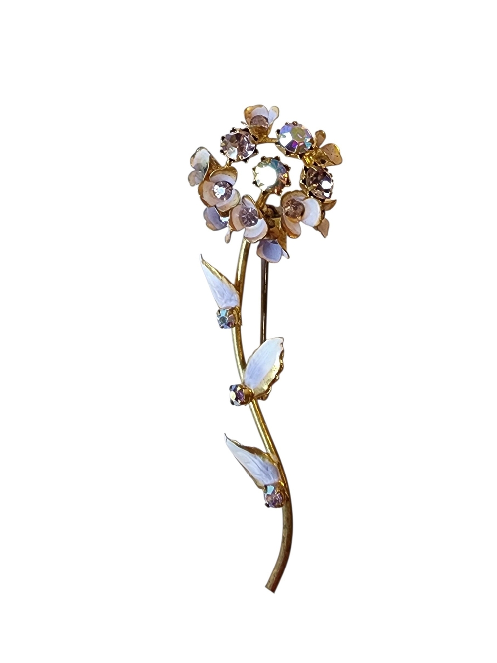 Gold-tone Floral Stem Brooch with Iridescent Crystal Accents Austria 50s
